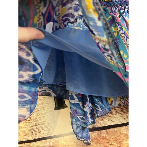 Zara High Waisted Lined Mini Skirt Boho Aztec Royal Blue Swing Asymmetric M NWT - Picture 4 of 9